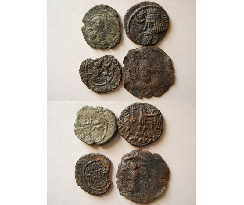 Group Lot of 4 Ancient Bronze coins. Lot includes 2 Sasanian Kings, Shahpur I, a...