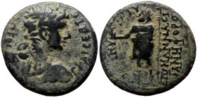 Phrygia, Aezani. Caligula. AE. (Bronze, 4.24 g. 19 mm.) 37-41 AD. Magistrate, Nannas, stephanephoros.