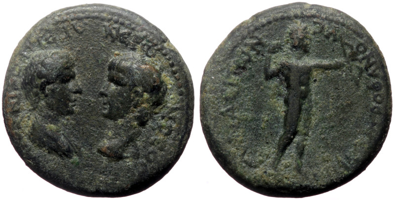 Phrygia, Synaus. Nero with Agrippina II. AE. (Bronze, 5.06 g. 18 mm.) ca 55 AD. ...
