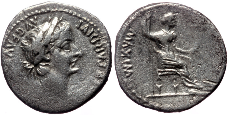 Tiberius (14-37). AR, Denarius. (Silver, 3.52 g. 18 mm.) Lugdunum (Lyon). 'Tribu...