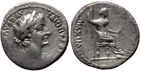 Tiberius (14-37). AR, Denarius. (Silver, 3.52 g. 18 mm.) Lugdunum (Lyon). 'Tribute Penny' type, 18-35 AD.