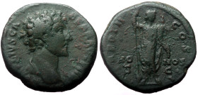 Marcus Aurelius (Caesar, 138-161) AE as Rome, 148. AVRELIVS CA-ESAR AVG PII F, bare-headed bust of Marcus Aurelius right