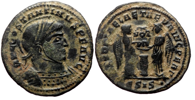 Constantine I (307-337). AE, Follis. (Bronze, 2.32 g. 21 mm.) Siscia. Constantin...