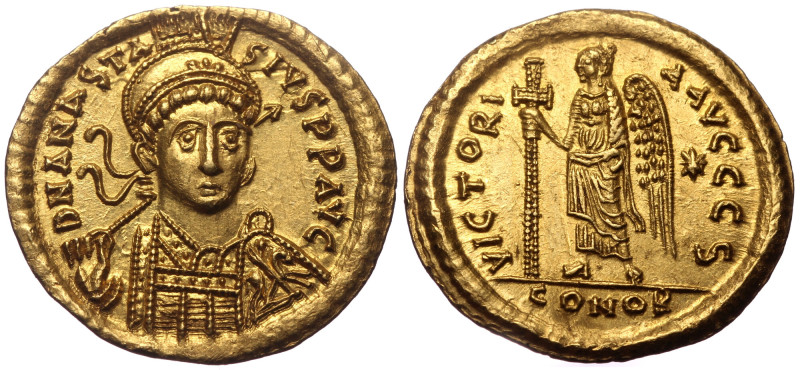 Anastasius, AV, Solidus (Gold, 4.48 g. 21 mm.) Constantinople. 491-518 AD. Anast...