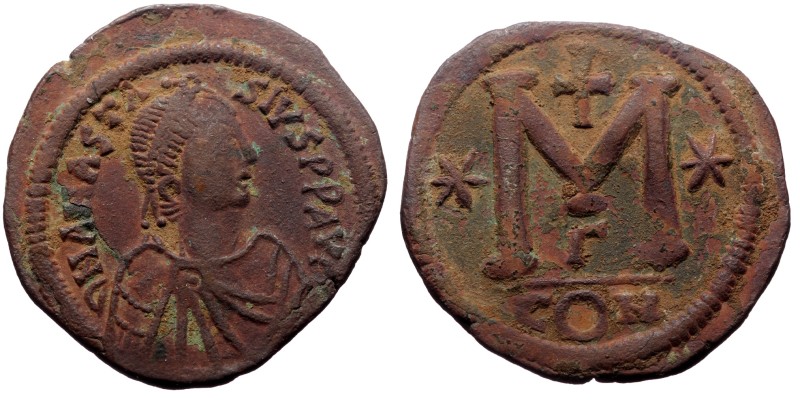 Anastasius I. AE, Follis. (Bronze, 16.70 g, 36 mm) Constantinople. 491-518 AD. A...