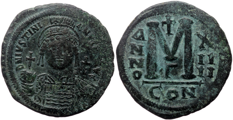 Justinian I. AE, Follis. (Bronze, 22.70 g. 38 mm.) Constantinople. 527-565 AD. J...