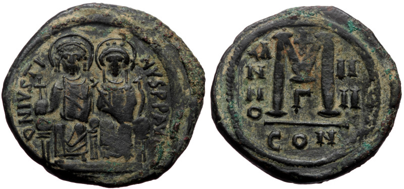 Justin II and Sophia, AE, Follis. (Bronze, 16.87 g. 30 mm) Constantinople. 565-5...