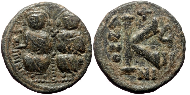 Justin II and Sophia, AE, Half Follis. (Bronze, 4.67 g. 19 mm.) Constantinople. ...