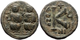 Justin II and Sophia, AE, Half Follis. (Bronze, 4.67 g. 19 mm.) Constantinople. 565-578 AD.