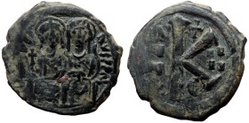 Justin II and Sophia, AE, Half Follis. (Bronze, 5.77 g. 22 mm.) Uncertain mint. 565-578 AD.