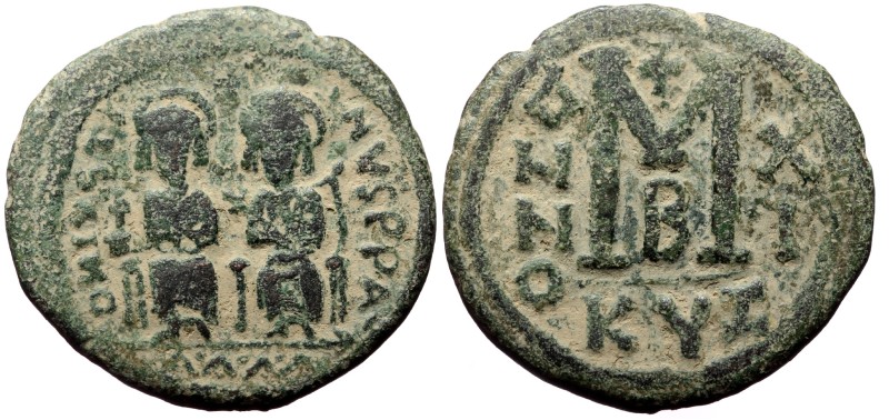 Justin II and Sophia, AE Follis. (Bronze, 12.45 g. 30 mm.) Cyzicus. 565-578 AD. ...