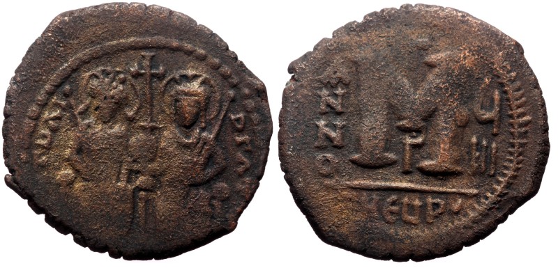 Justin II and Sophia, AE, Follis. (Bronze, 9.73 g. 28 mm.) Theoupolis (Antioch)....