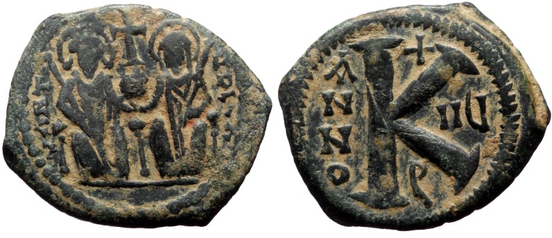 Justin II and Sophia, AE, Half Follis. (Bronze, 6.56 g. 24 mm.) Theoupolis (Anti...