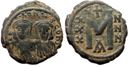 Leo III and Constantine V. AE, Follis. (Bronze, 5.71 g, 24 mm.) Constantinople. 717-741 AD.