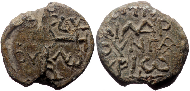 Byzantine Lead Seal (Lead, 11.00 g. 22 mm.) Basil?, droungarios (7th-8th century...