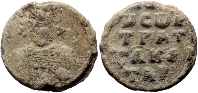 Byzantine Lead Seal (Lead, 4.53 g. 18 mm.) Stratigios, protokentarches (10th cen...