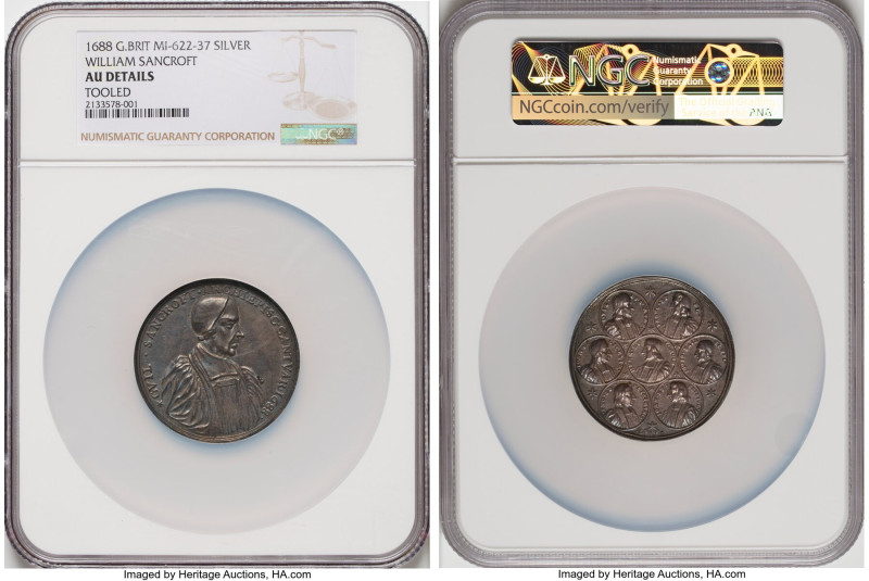James II silver "William Sancroft" Medal 1688 AU Details (Tooled) NGC, MI-622-37...