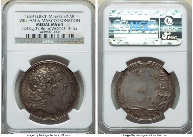 William & Mary silver "Coronation" Medal 1689 MS64 NGC, MI-664-29, Woolf-10:4a. ...
