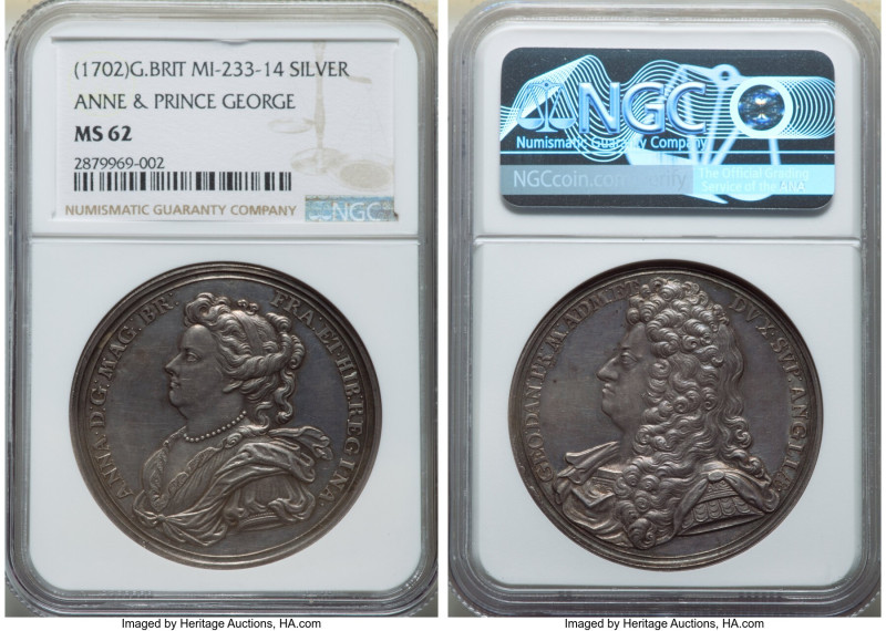 Anne silver "Queen Anne & Prince George" Medal ND (1702) MS62 NGC, Eimer-392, Fe...