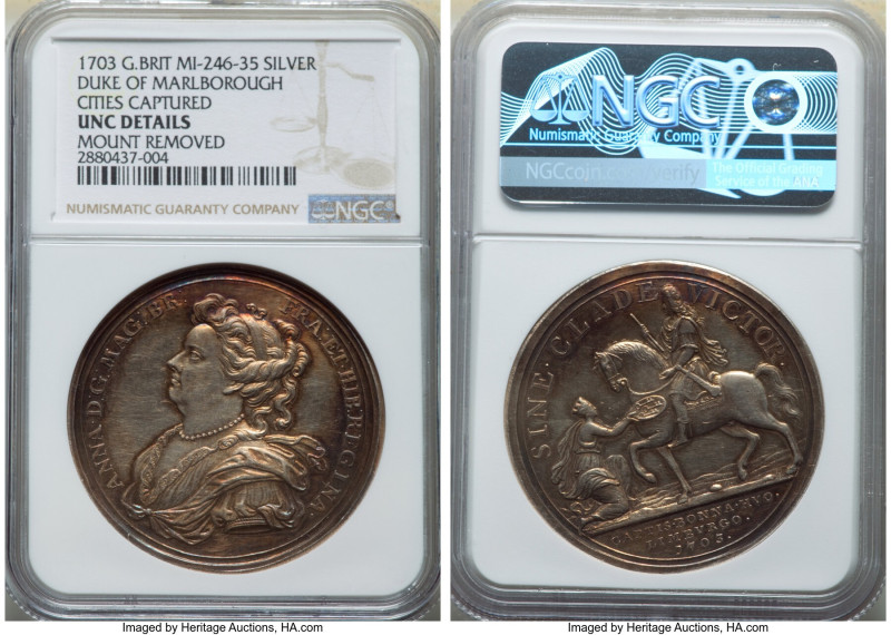 Anne silver "Marlborough's Captures" Medal 1703 UNC Details (Mount Removed) NGC,...
