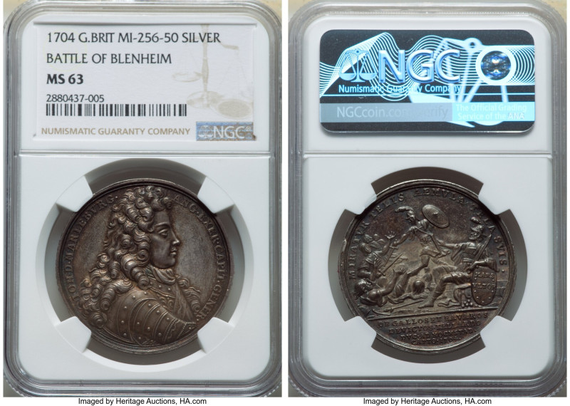 Anne silver "Battle of Blenheim" Medal 1704 MS63 NGC, MI-256-50, Eimer-407. 37mm...