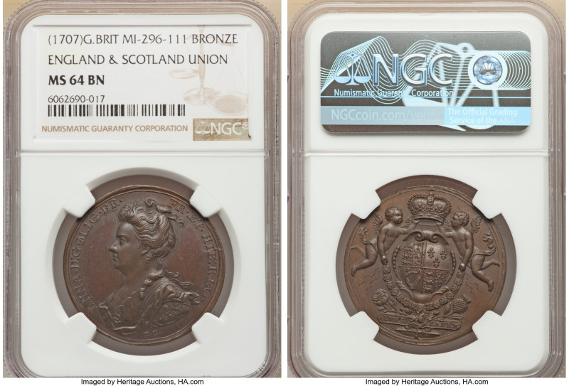 Anne bronze "England & Scotland Union" Medal ND (1707) MS64 Brown NGC, MI-296-11...