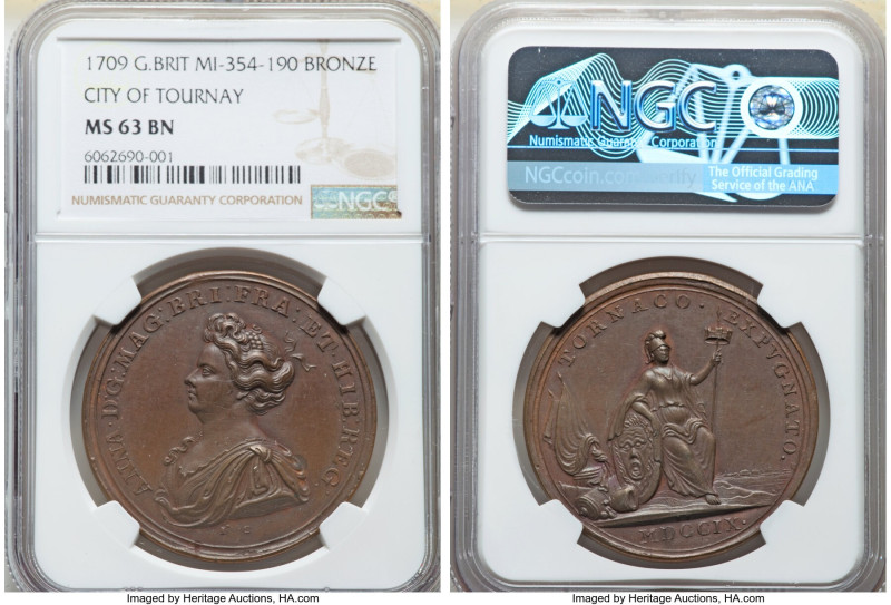Anne bronze "City of Tournay" Medal 1709 MS63 Brown NGC, MI-354-190, Eimer-437. ...