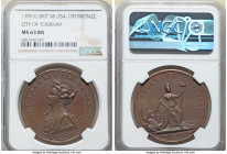 Anne bronze "City of Tournay" Medal 1709 MS63 Brown NGC, MI-354-190, Eimer-437. 40mm. By J. Croker. Obv. Bust of Queen Anne I. Rev. Pallas seated by t...