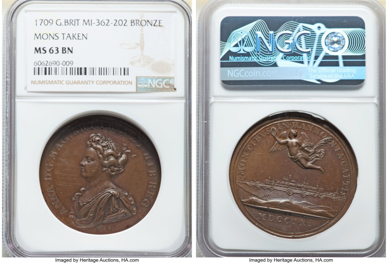 Anne bronze "Mons Taken" Medal 1709 MS63 Brown NGC, MI-362-202, Eimer-440. 40mm....