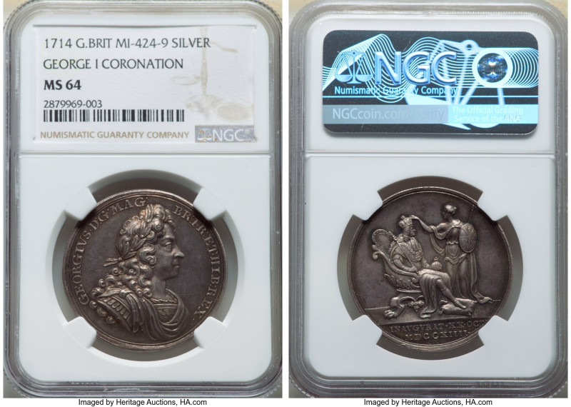 George I silver "Coronation" Medal 1714 MS64 NGC, Eimer-470, MI-424-9. 34mm. By ...