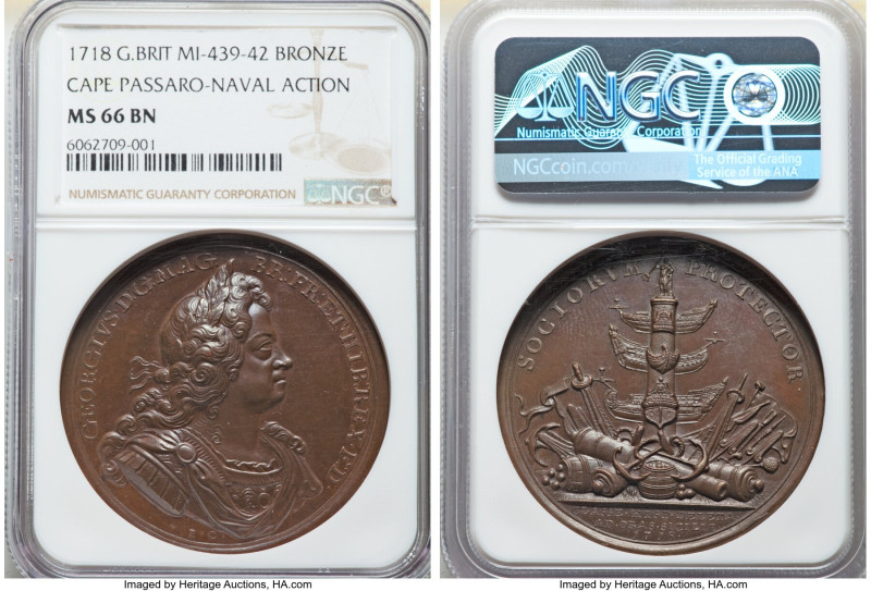George I bronze "Cape Passaro - Naval Action" Medal 1718 MS66 Brown NGC, MI-439-...