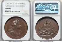 George I bronze "Cape Passaro - Naval Action" Medal 1718 MS66 Brown NGC, MI-439-42, Eimer-481. 44mm. By J. Croker. Obv. Laureate bust of George I righ...