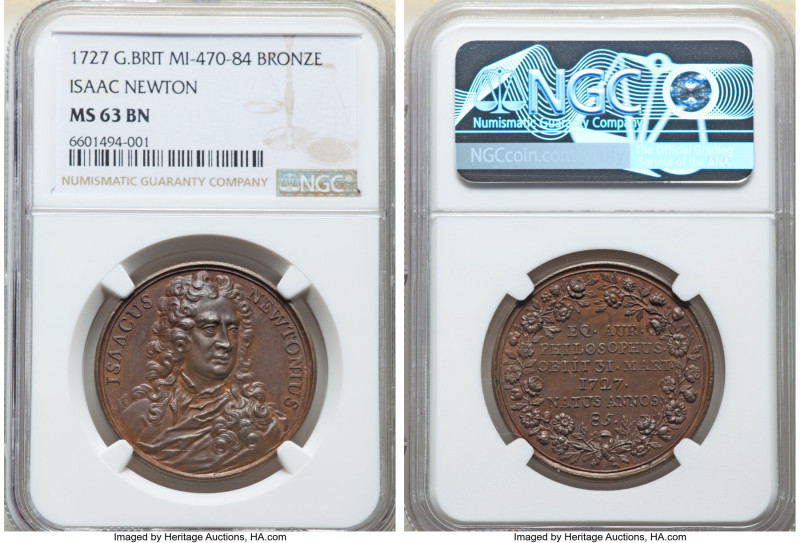 "Isaac Newton" bronze Medal 1727-Dated MS63 Brown NGC, MI-470-84, Eimer-506. 33m...