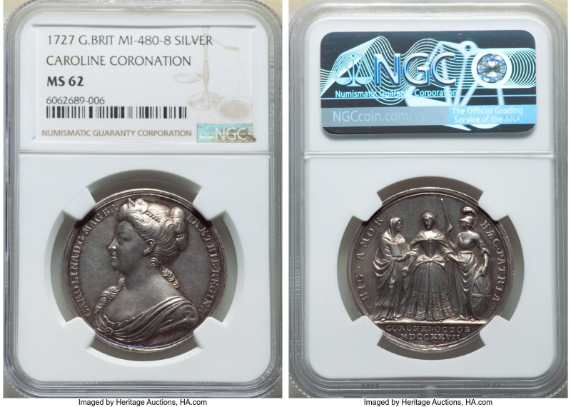 Caroline silver "Coronation" Medal 1727 MS62 NGC, Eimer-512, MI-480-8. 35mm. By ...