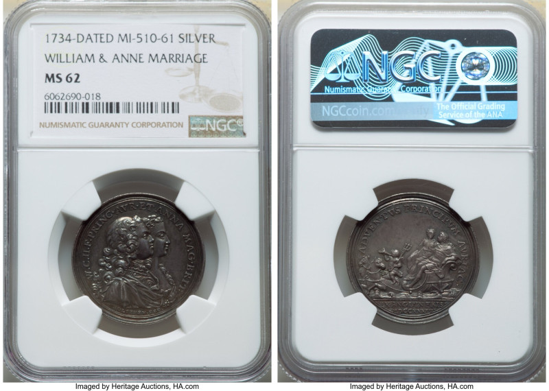 George II silver "William & Anne Marriage" Medal 1734-Dated MS62 NGC, MI-510-61,...