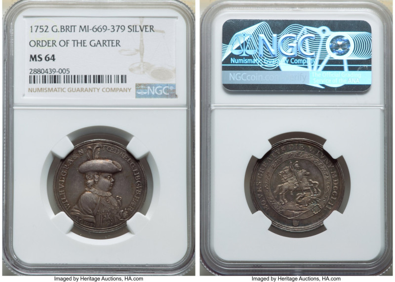 George II silver "Order of the Garter" Medal 1752 MS64 NGC, MI-669-379. 28mm. By...