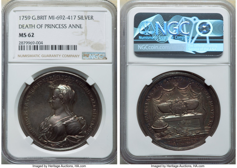 George II silver "Death of Princess Anne" Medal 1759 MS62 NGC, MI-692-417, Eimer...