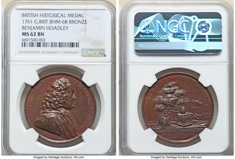 George III bronze "Benjamin Hoadley" Medal 1761 MS62 Brown NGC, BHM-68. 37mm. By...