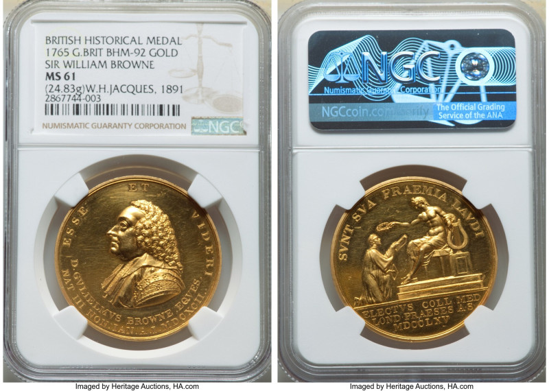 George III gold "Sir William Browne Award" Medal 1765 MS61 NGC, BHM-92, Eimer-71...