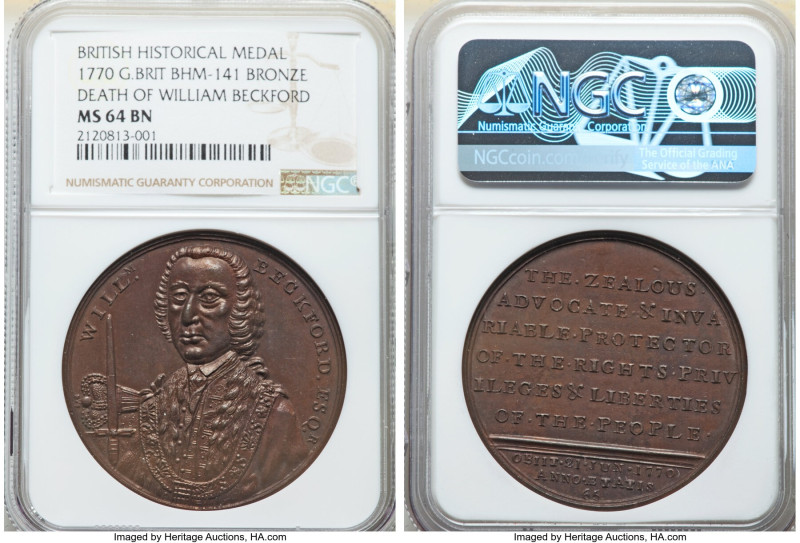 George III bronze "Death of William Beckford" Medal 1770 MS64 Brown NGC, BHM-141...