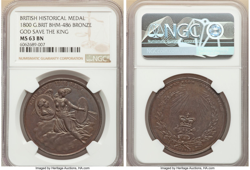 George III bronze "God Save the King" Medal 1800 MS63 Brown NGC, BHM-486. 38mm. ...