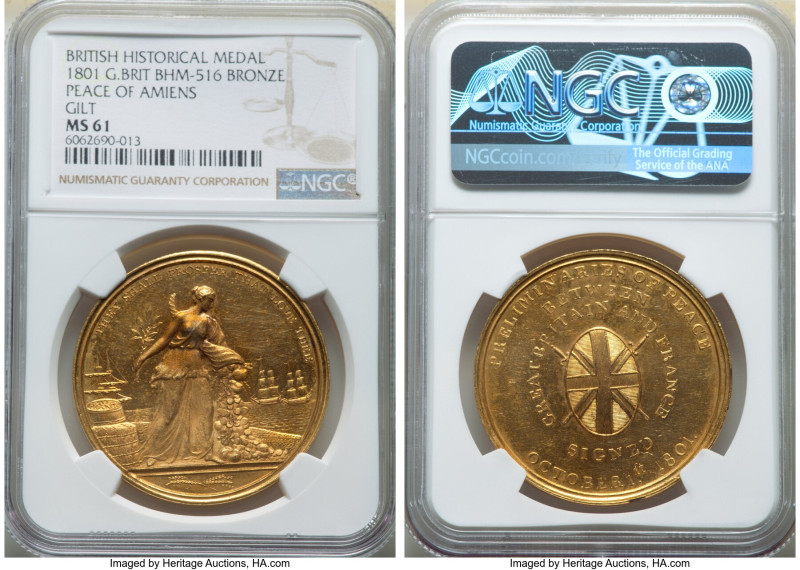 George III gilt bronze "Peace of Amiens" Medal 1801 MS61 NGC, BHM-516, Eimer-935...
