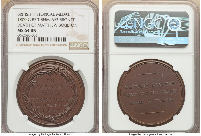 George III bronze "Death of Matthew Boulton" Medal 1809 MS64 Brown NGC, BHM-662,...