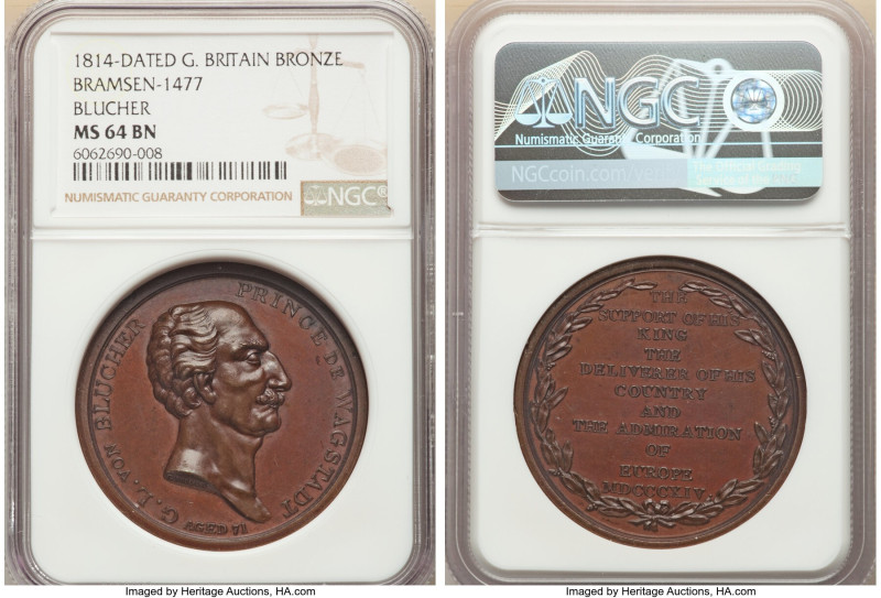 George III bronze "Blucher" Medal 1814-Dated MS64 Brown NGC, Bramsen-1477, Juliu...