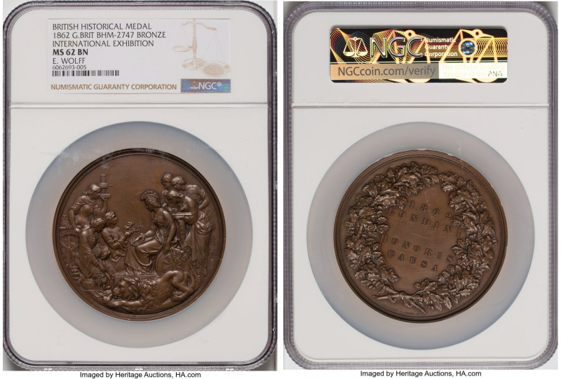 Victoria bronze "International Exhibition" Medal 1862 MS62 Brown NGC, BHM-2747, ...