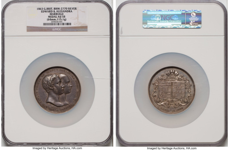 Victoria silver "Edward & Alexandra Marriage" Medal 1863 AU58 NGC, BHM-2770. 64m...