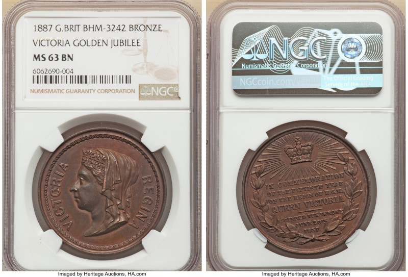 Victoria bronze "Golden Jubilee" Medal 1887 MS63 Brown NGC, BHM-3242. 38mm. By J...