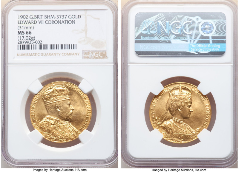 Edward VII gold "Coronation" Medal 1902 MS66 NGC, Eimer-1871b, BHM-3737. 31mm. 1...