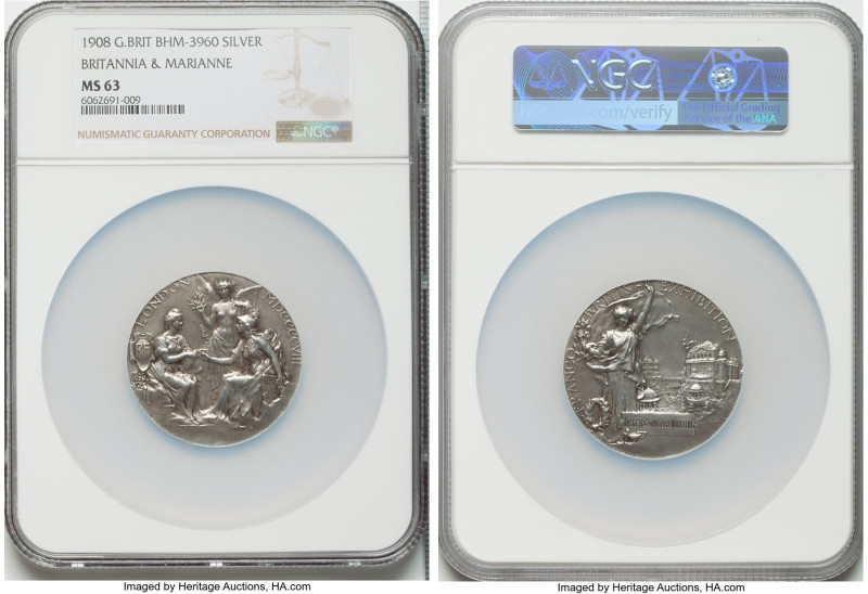 Edward VII silver "Franco-British Exhibition" Award Medal 1908 MS63 NGC, BHM-396...