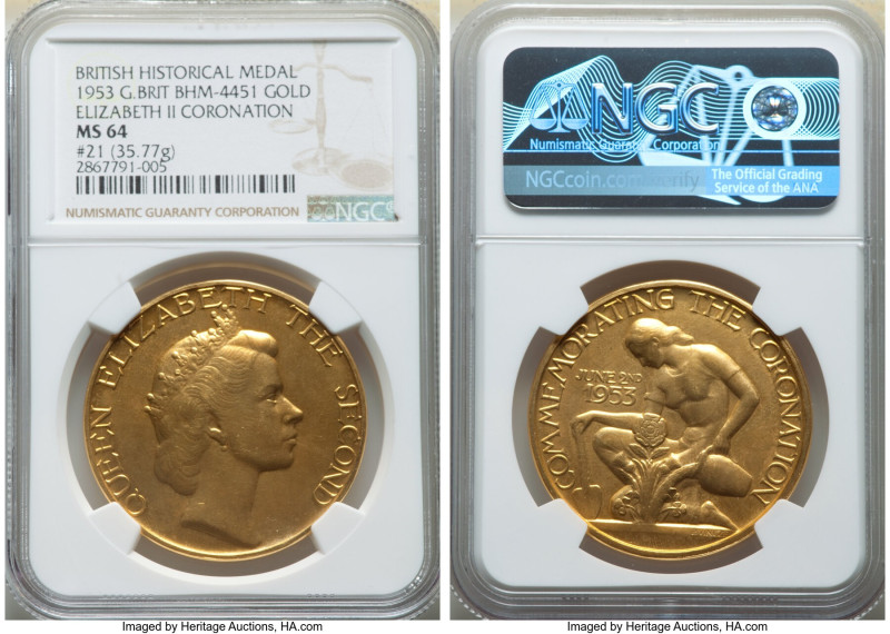 Elizabeth II gold "Coronation" Medal 1953 MS64 NGC, BHM-4451. 35.77gm. By P. Vin...